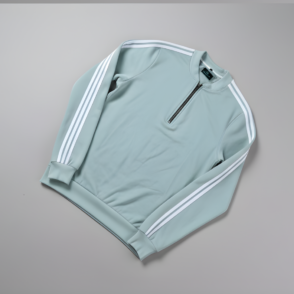 mint green quarter zip sweatshirt with white triple stripes